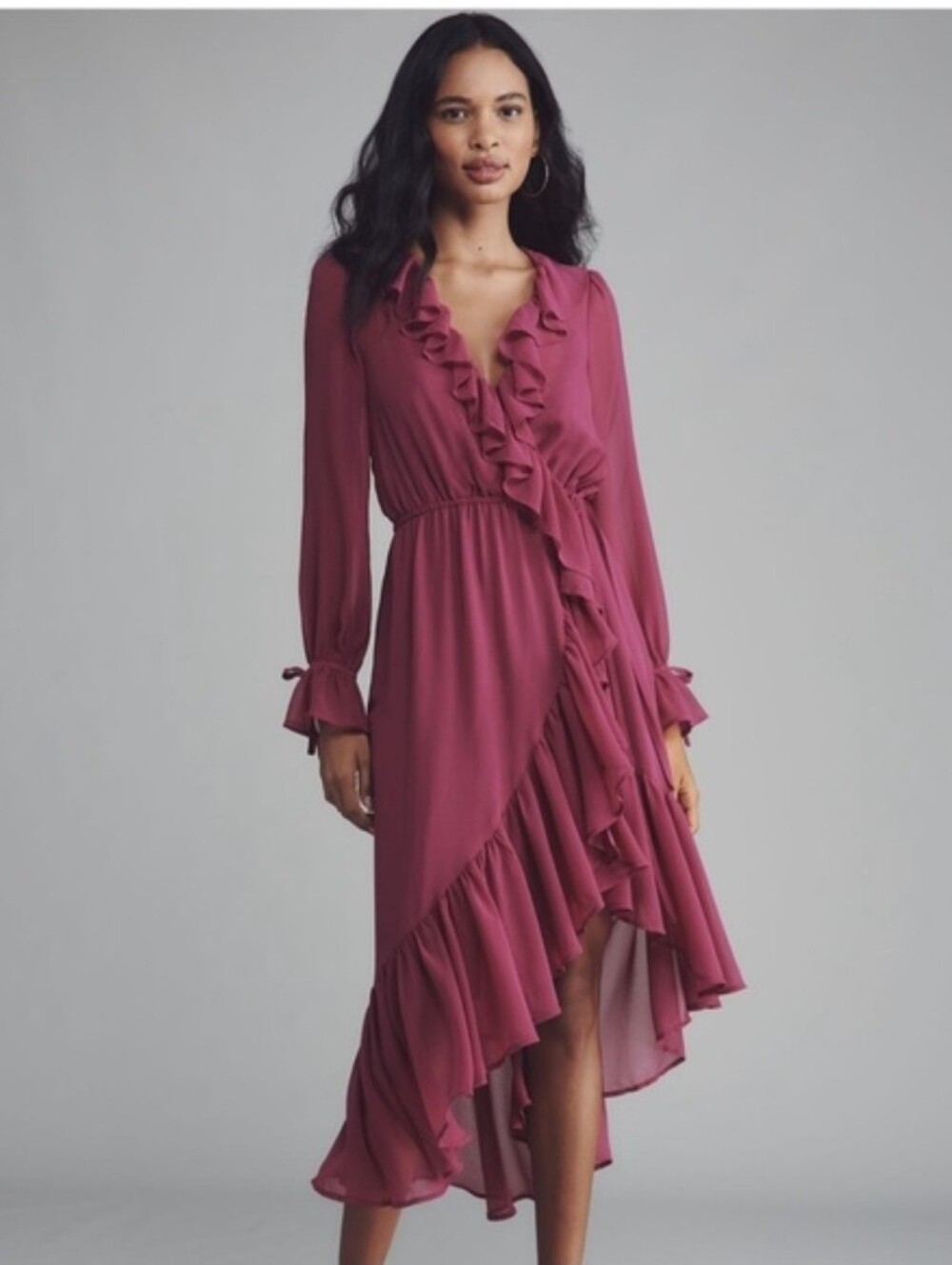Anthropologie Long-Sleeve Ruffled Asymmetric Midi Dress